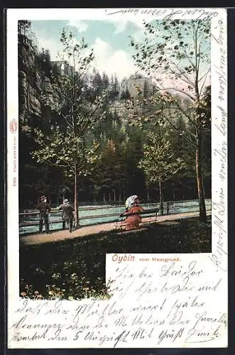 AK Oybin, Blick vom Hausgrund auf Felsen, Fluss und Burg