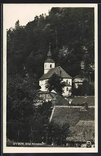 AK Oybin, Kirche mit Bäumen
