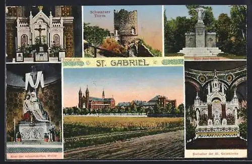 AK Maria Enzersdorf, St. Gabriel, Schwarzer Turm, Herz-Jesu-StatueKirche, Aussen- und Innenansichten