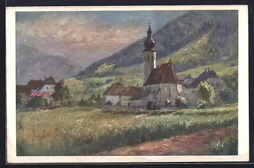 Künstler-AK Aggsbach in der Wachau, Ortsansicht mit Kirche