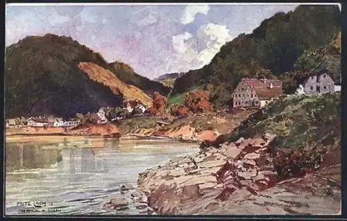 Künstler-AK Fritz Lach: Obermühl a. d. Donau, Blick auf den Ort