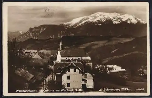 AK St. Corona am Wechsel, Ortsansicht mit Blick auf den Schneeberg