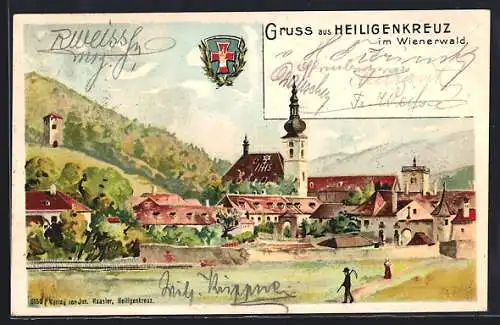 Lithographie Heiligenkreuz /Wienerwald, Gesamtansicht mit Stadtwappen