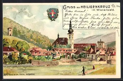 Lithographie Heiligenkreuz im Wienerwald, Ortsansicht mit Blick auf die Kirche