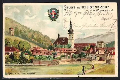 Lithographie Heiligenkreuz /N.-Ö., Ortsansicht von oben, Wappen