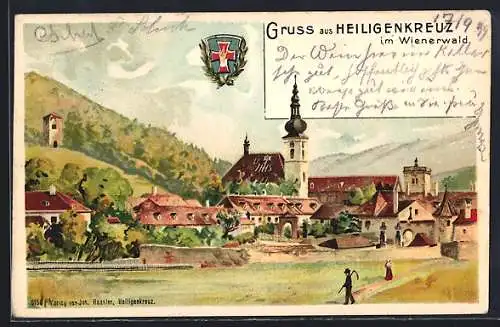 Lithographie Heiligenkreuz /Wienerwald, Gesamtansicht mit Stadtwappen