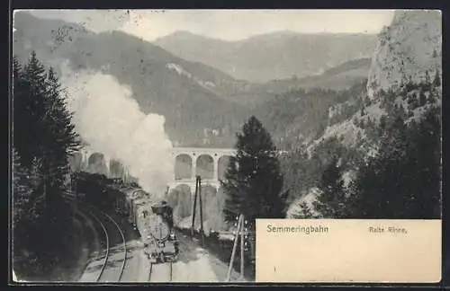 AK Semmeringbahn, Personenzug mit Dampflok am Viadukt über die Kalte Rinne, Ausblick auf die Rax