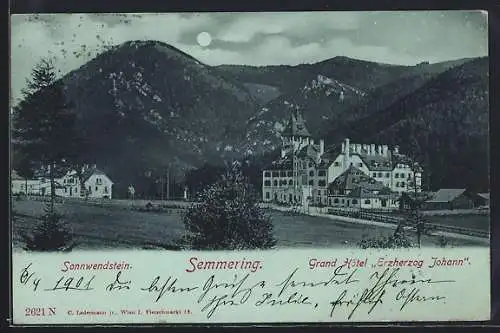 Mondschein-AK Semmering, Grand Hotel Erzherzog Johann und Sonnwendstein