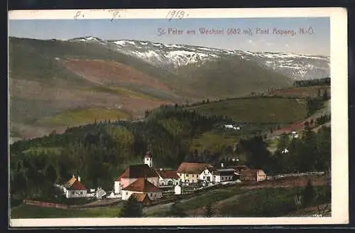 AK St. Peter am Wechsel, Ortsansicht mit Bergpanorama