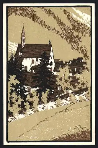 Künstler-AK Gaming /N.-Oe., Blick vom Zürner auf Kirche & Klostergebäude