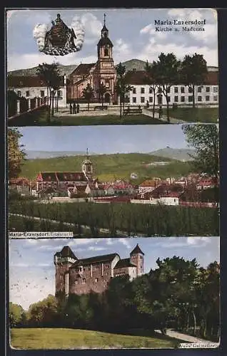 AK Maria Enzersdorf, Kirche u. Madonna, Totalansicht des Ortes, Veste Liechtenstein
