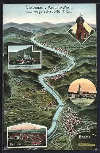 Künstler-AK Eugen Felle: Krems, Donaupartie mit anliegenden Ortschaften Krems, Dürnstein und Weissenkirchen