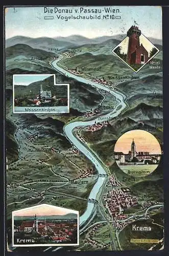 Künstler-AK Eugen Felle: Krems, Donaupartie mit anliegenden Ortschaften Krems, Dürnstein und Weissenkirchen