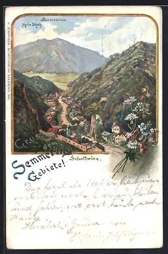 Lithographie Schottwien, Strassenpartie mit Maria Schutz und Sonnwendstein