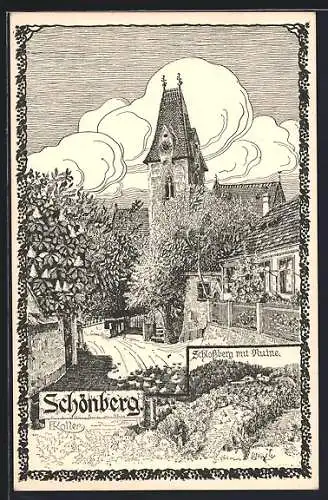 Künstler-AK Schönberg am Kamp, Schlossberg mit Ruine und Pfarrkirche