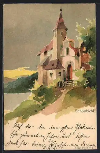Künstler-AK Schönbichl, Blick auf die Kirche