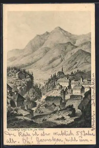Künstler-AK Wildbad Gastein, Teilansicht mit Bergblick