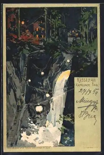 Lithographie Kaprun, Kesselfall bei Nacht