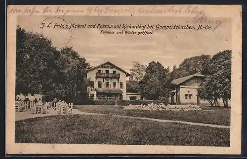 AK Gumpoldskirchen /N.-Oe., Restaurant & Meierei Richardhof mit Garten, Bes. J. L. Fritz