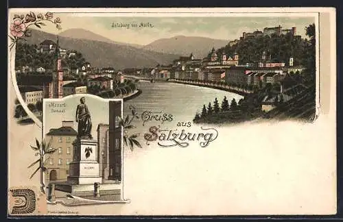 Lithographie Salzburg, Gesamtansicht, Mozartdenkmal