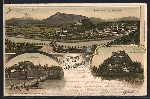 Lithographie Salzburg, Stadtbrücke, Panorama, Festung Hohen-Salzburg