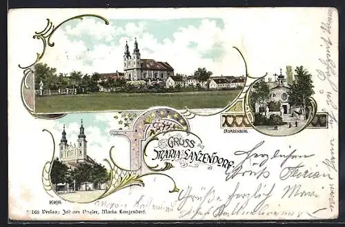 Lithographie Maria Lanzendorf, Ortsansichten mit Kirche, Calvarienberg