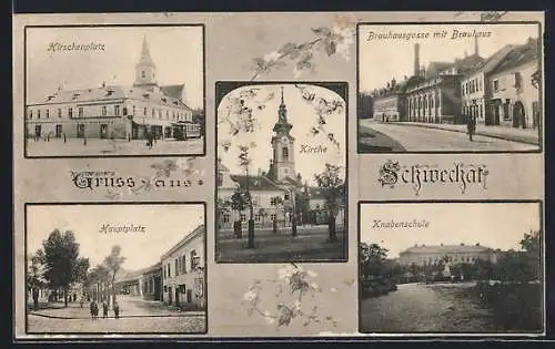 AK Schwechat, Ortspartien Brauhausgasse mit Brauhaus, Kirschenplatz und Hauptplatz