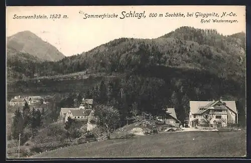 AK Raach am Hochgebirge, Schlagl bei Gloggnitz, Ortsansicht mit Hotel Westermayer