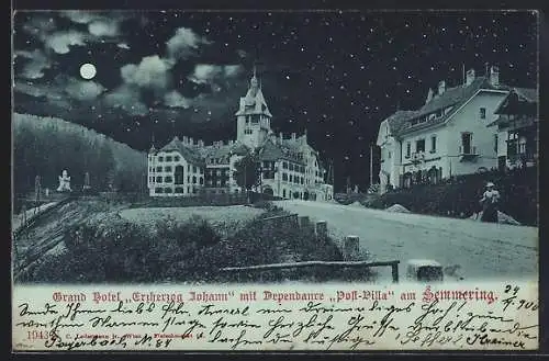 Mondschein-AK Semmering, Hotel Erzherzog Johann mit Dependance Post VIlla