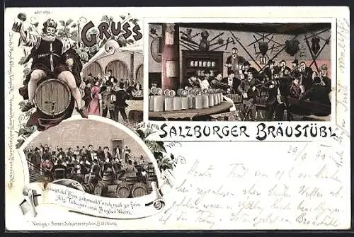 Lithographie Salzburg, Gasthaus Salzburger Bräustübl, Innenansicht, Hof