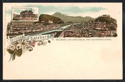 Lithographie Salzburg, Ortsansicht vom Mönchsberg vom elektrischen Aufzug, Hotel auf dem Gaisberg