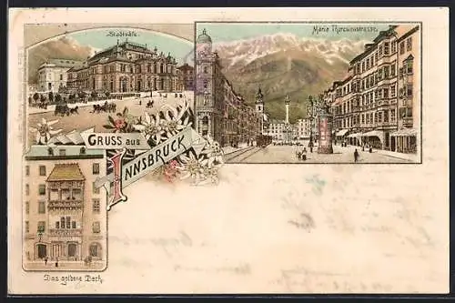 Lithographie Innsbruck, Goldenes Dach, Maria Theresienstrasse und der Stadtsäle