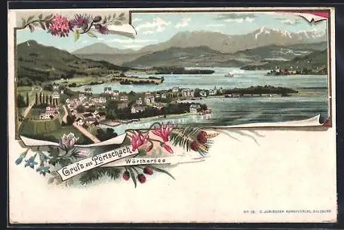 Lithographie Pörtschach, Totalansicht aus der Vogelschau mit Wörthersee