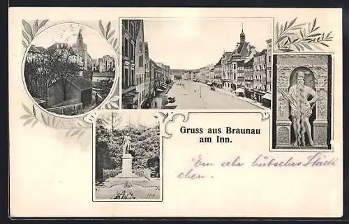 AK Braunau am Inn, Ortspartien mit Denkmal, Ladenstrasse und Kirche