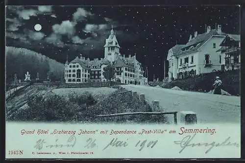 Mondschein-AK Semmering, Hotel Erzherzog Johann mit Dependance Post-Villa