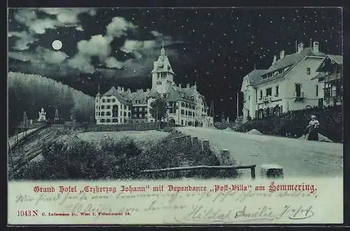 Mondschein-AK Semmering, Hotel Erzherzog Johann mit Dependance Post-Villa