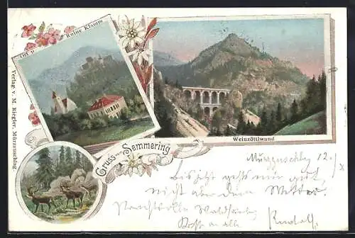 Lithographie Semmering, Ort u. Ruine Klamm, Weinzöttlwand
