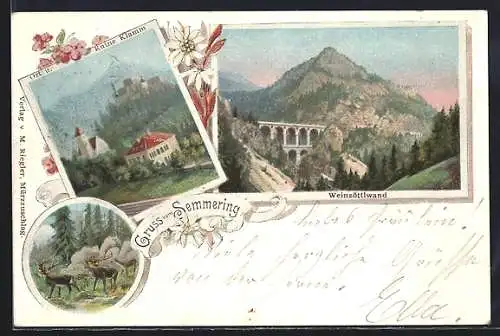 Lithographie Semmering, Ortsansicht und Ruine Klamm, Weinzöttlwand