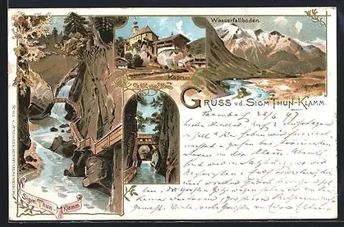 Lithographie Kaprun, Partie in der Sigm. Thun-Klamm, Wasserfallboden