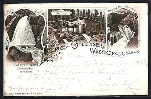 Lithographie Golling bei Salzburg, Gasthaus zum Wasserfall, Ursprung und Schwarzbachfall