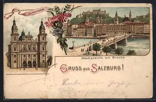 Lithographie Salzburg, Domkirche, Stadtansicht mit Brücke