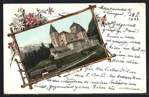 AK Mauterndorf /Lungau, Schloss Mauterndorf, Passepartour mit Edelweiss