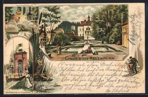 Lithographie Salzburg, Schloss Hellbrunn, Marmorbassins, Neptungrotte