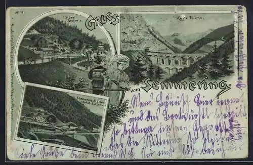 Mondschein-Lithographie Semmering, Ortspartien Kalte Rinne, Hotel Stephanie und Serming Station