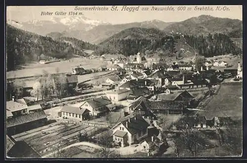 AK St. Aegyd a. N., Ortsansicht mit der Kirche und dem Hohen Göller 1764m