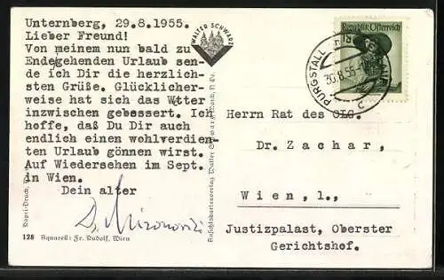 Künstler-AK Purgstall an der Erlauf, Ortsansicht mit Ötscher