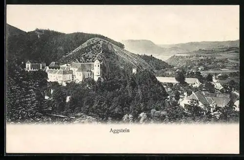 AK Aggstein, Ortsansicht mit Bergpanorama aus der Vogelschau