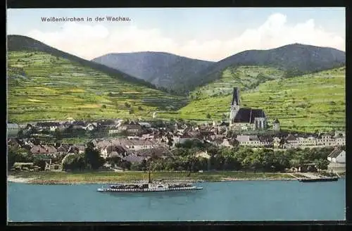 AK Weissenkirchen, Ortsansicht mit Raddampfer