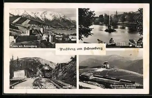 AK Puchberg am Schneeberg, Totalansicht mit Schneeberg, Teich, Bahnhof Baumgartner der Schneebergbahn