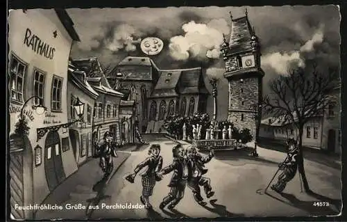 Künstler-AK Perchtoldsdorf, Strassenpartie mit Gasthaus Ratskeller bei Mondschein aus der Sicht eines Betrunkenen